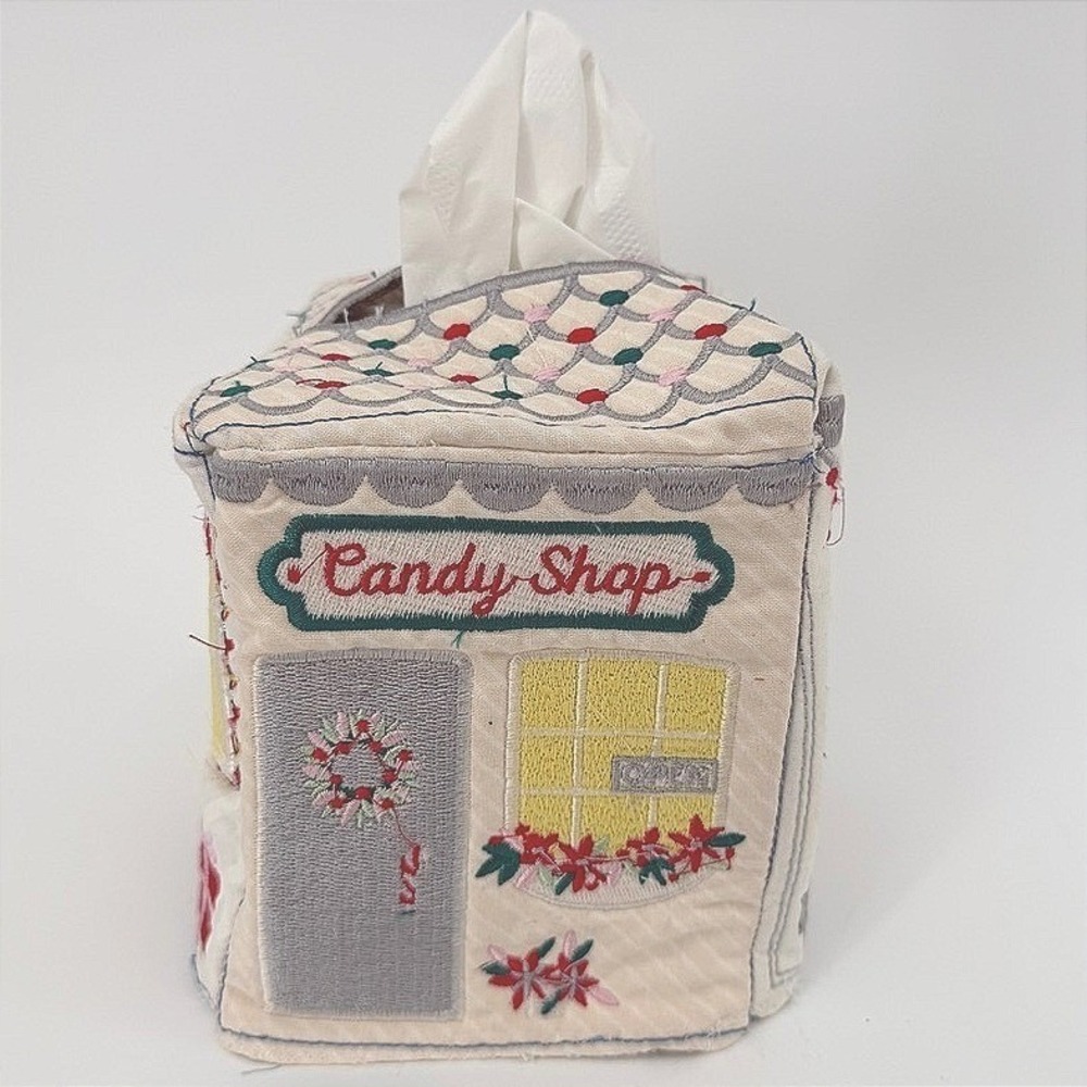 Tissue Box Cover White Embroidered Candy Shop Christmas Cottage Core Decor